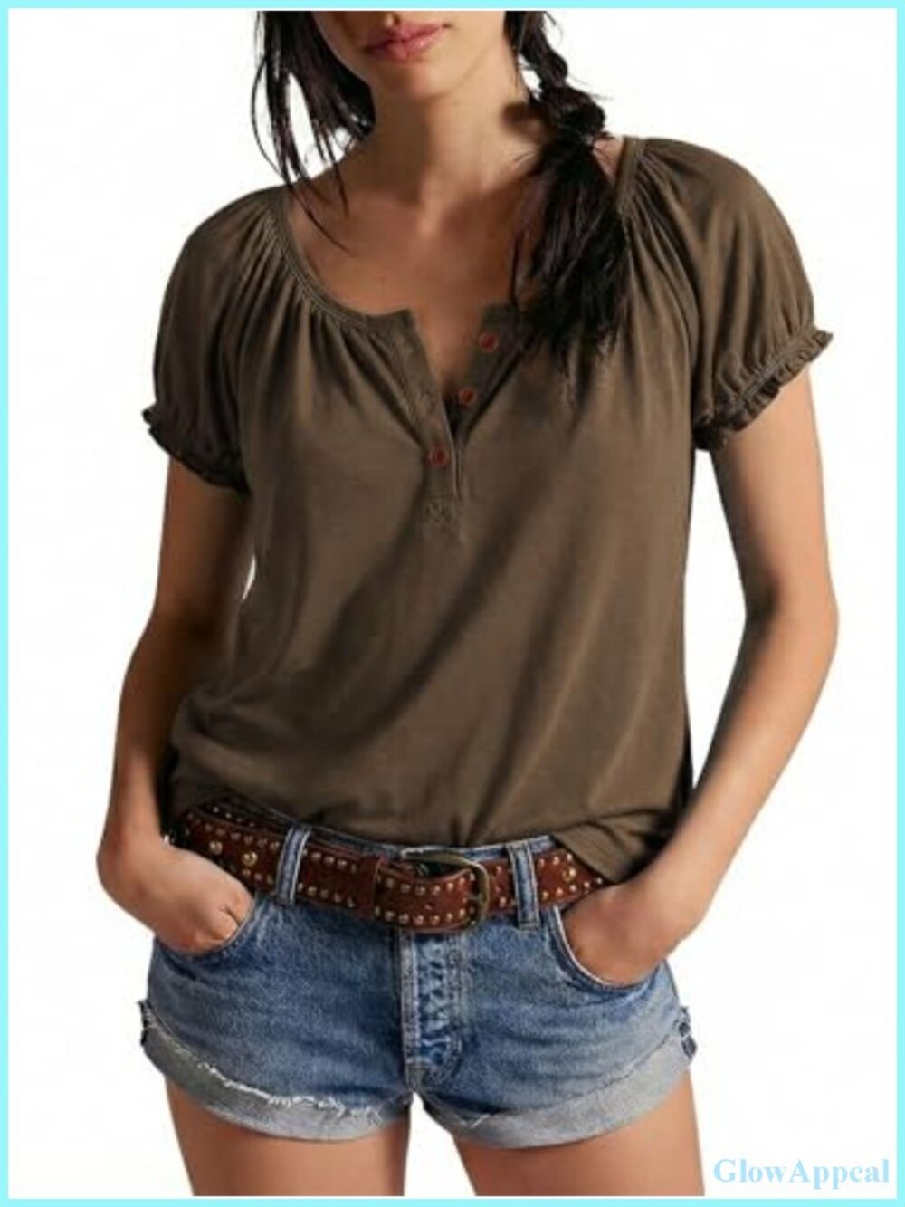 Women's Casual Ruffled Henley Blouse Short Sleeve
